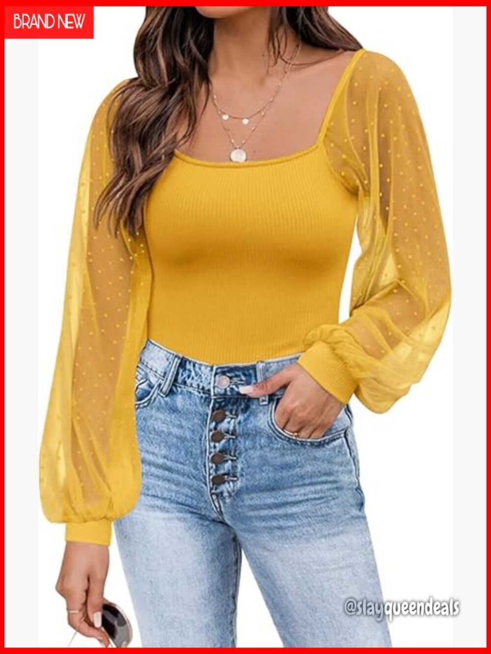 Mesh Long Sleeve Peasant Top with Puff Sleeves and Square Neck